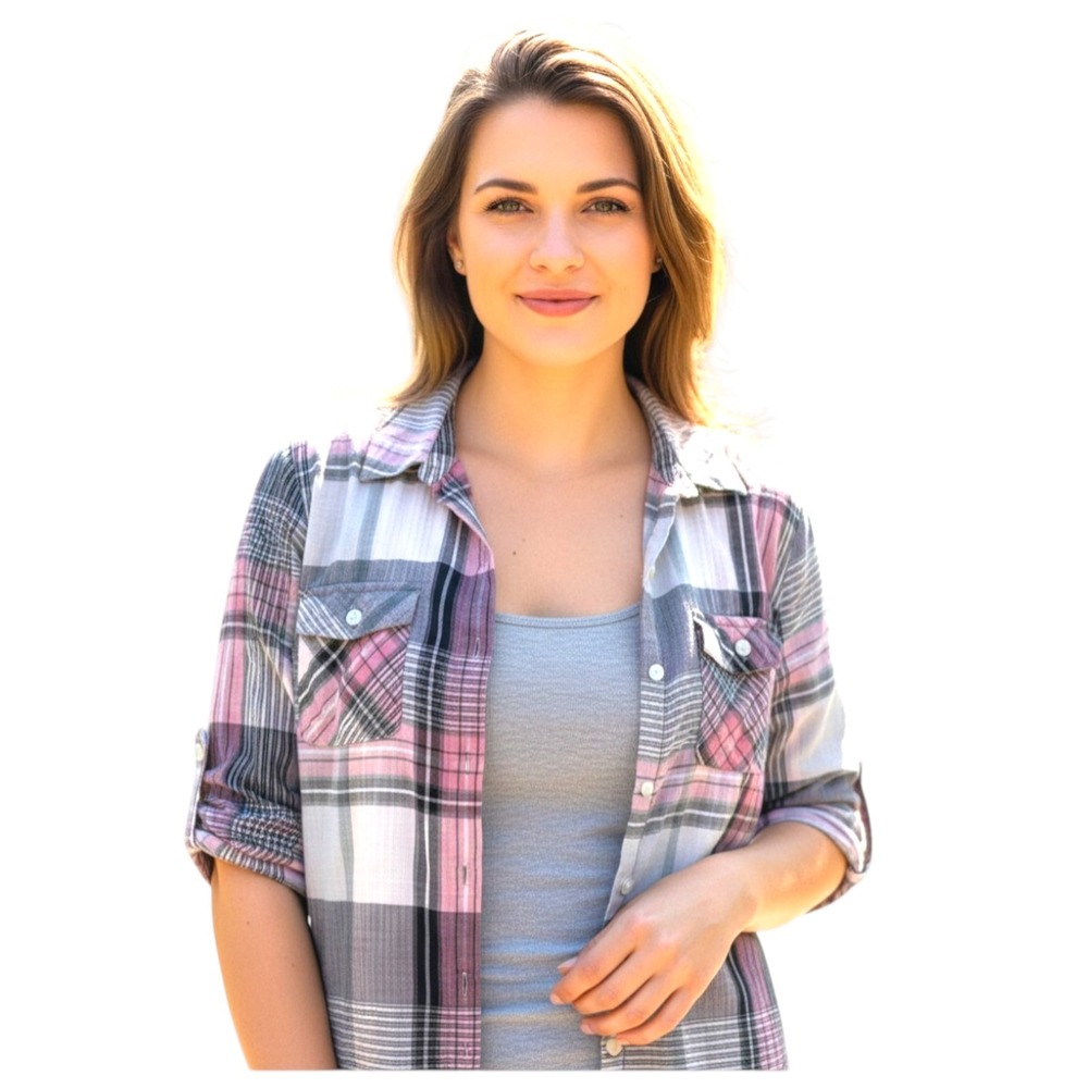 Croft & Barrow Top Cotton L Pink Gray Plaid Button Up  Softgirl Casual Petite